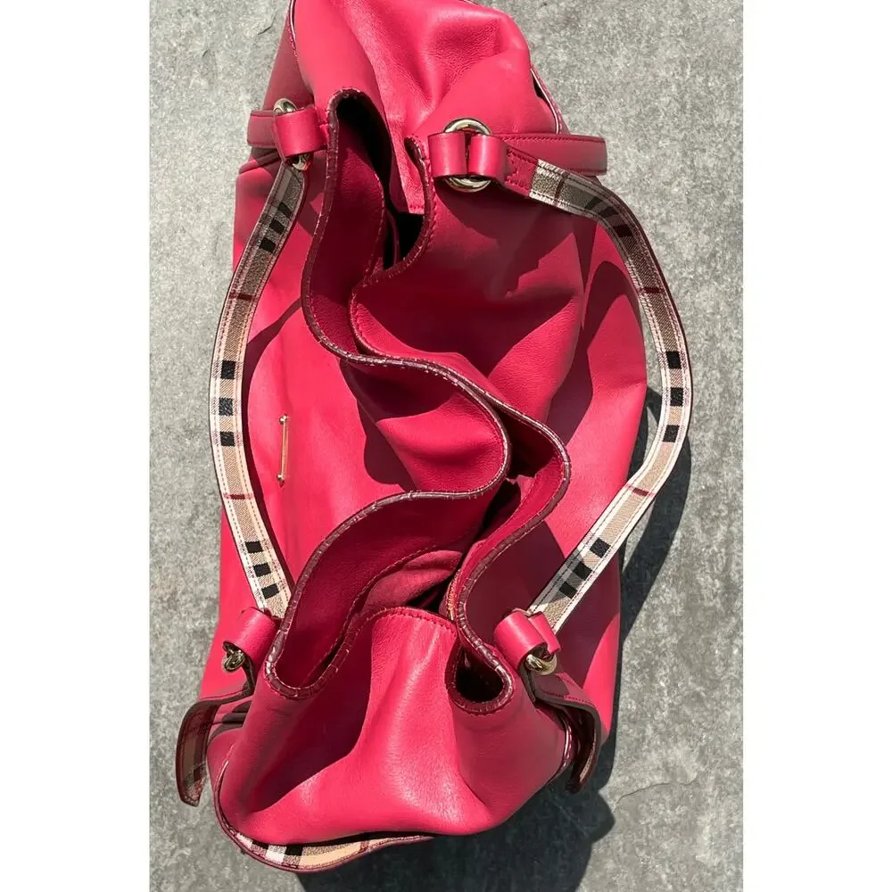 Vtg BURBERRY Red Leather Nova Check Strap Tote Bag Slouchy Hobo Shoulder Handbag